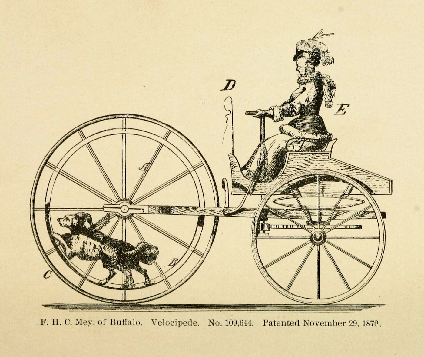 Vintage illustration of a velocipede powered by dogs running inside a large wheel.