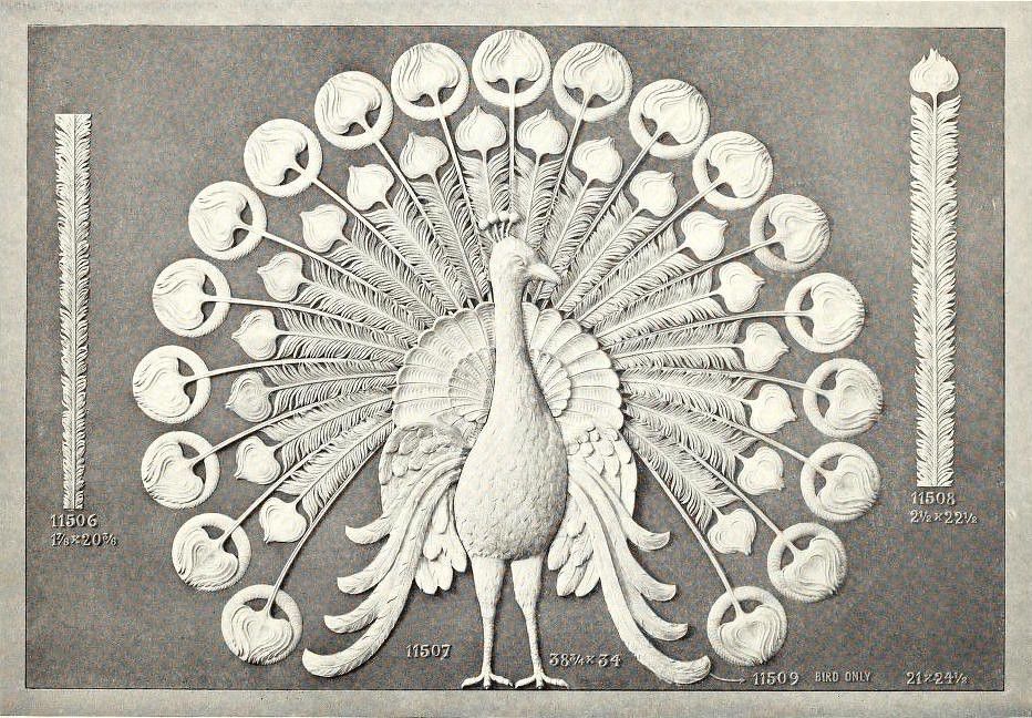 A black and white image of a stylized peacock design with its tail fully spread, surrounded by numbers and text.