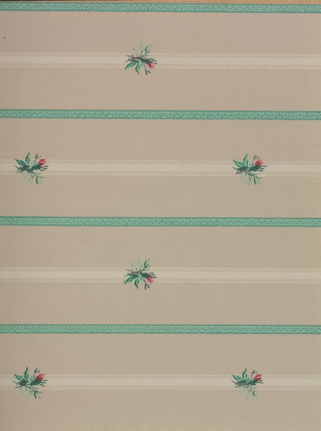 Close-up of a vintage wallpaper with a light beige background and a repeating pattern of small floral sprigs and horizontal bands.