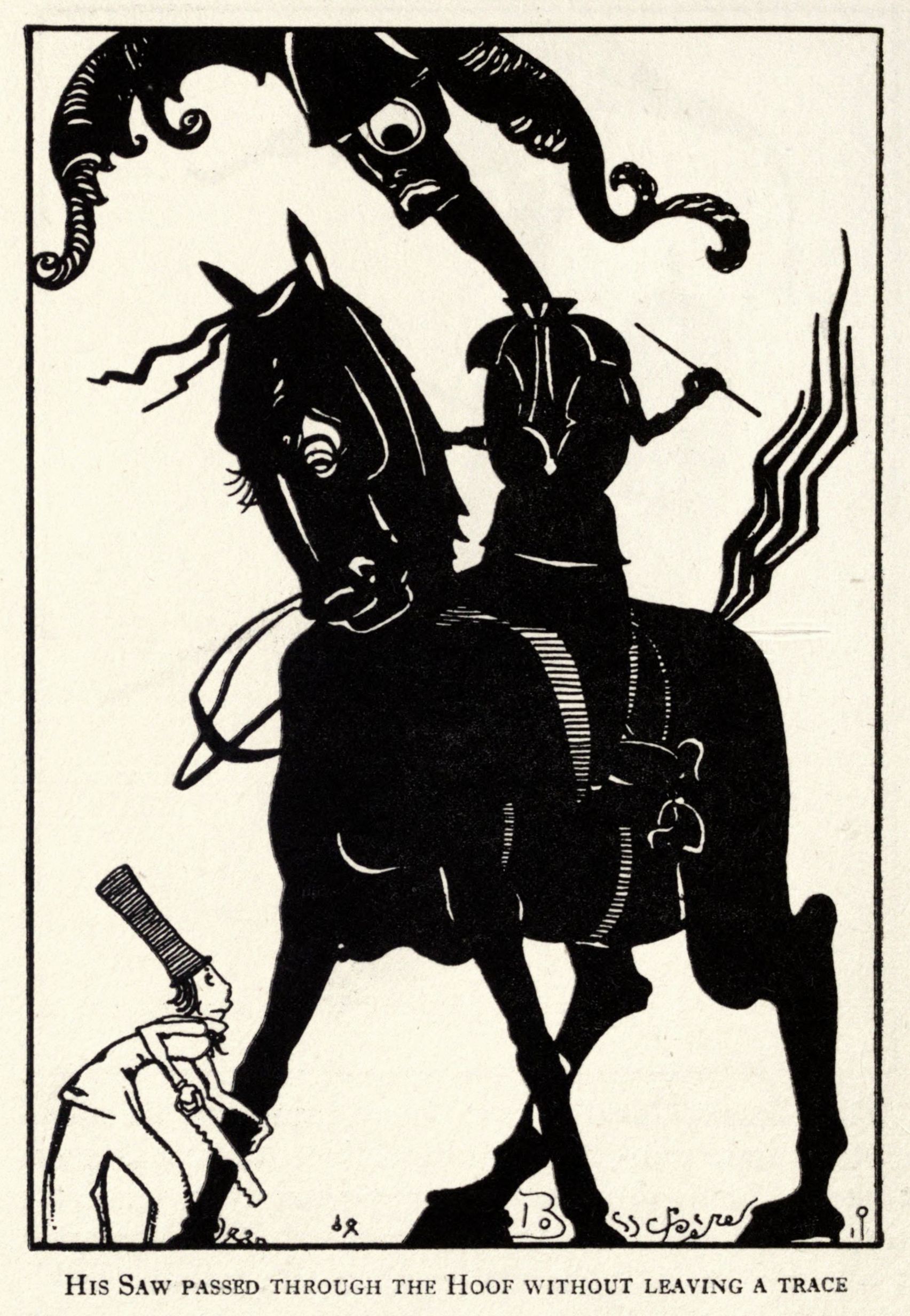 A black and white illustration of a man sawing through the hoof of a horse ridden by a figure.