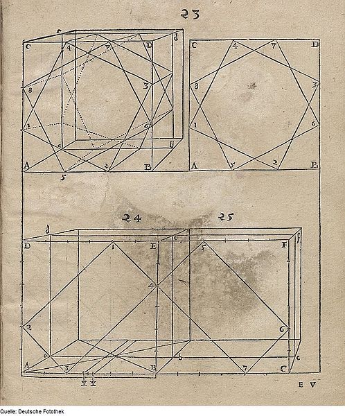 Old book page with three geometric diagrams labeled 23, 24, and 25, featuring intricate line networks and labeled points.