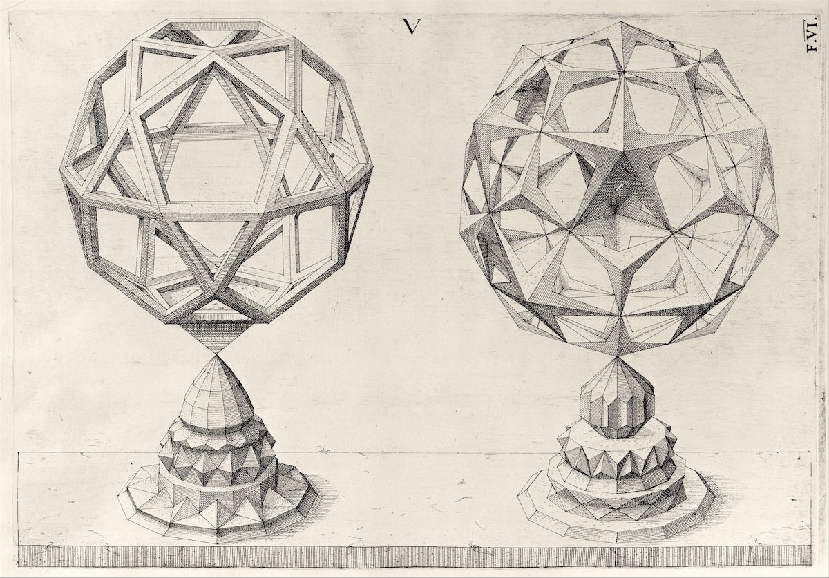 A detailed black and white illustration of two geometric solids, presented side-by-side.