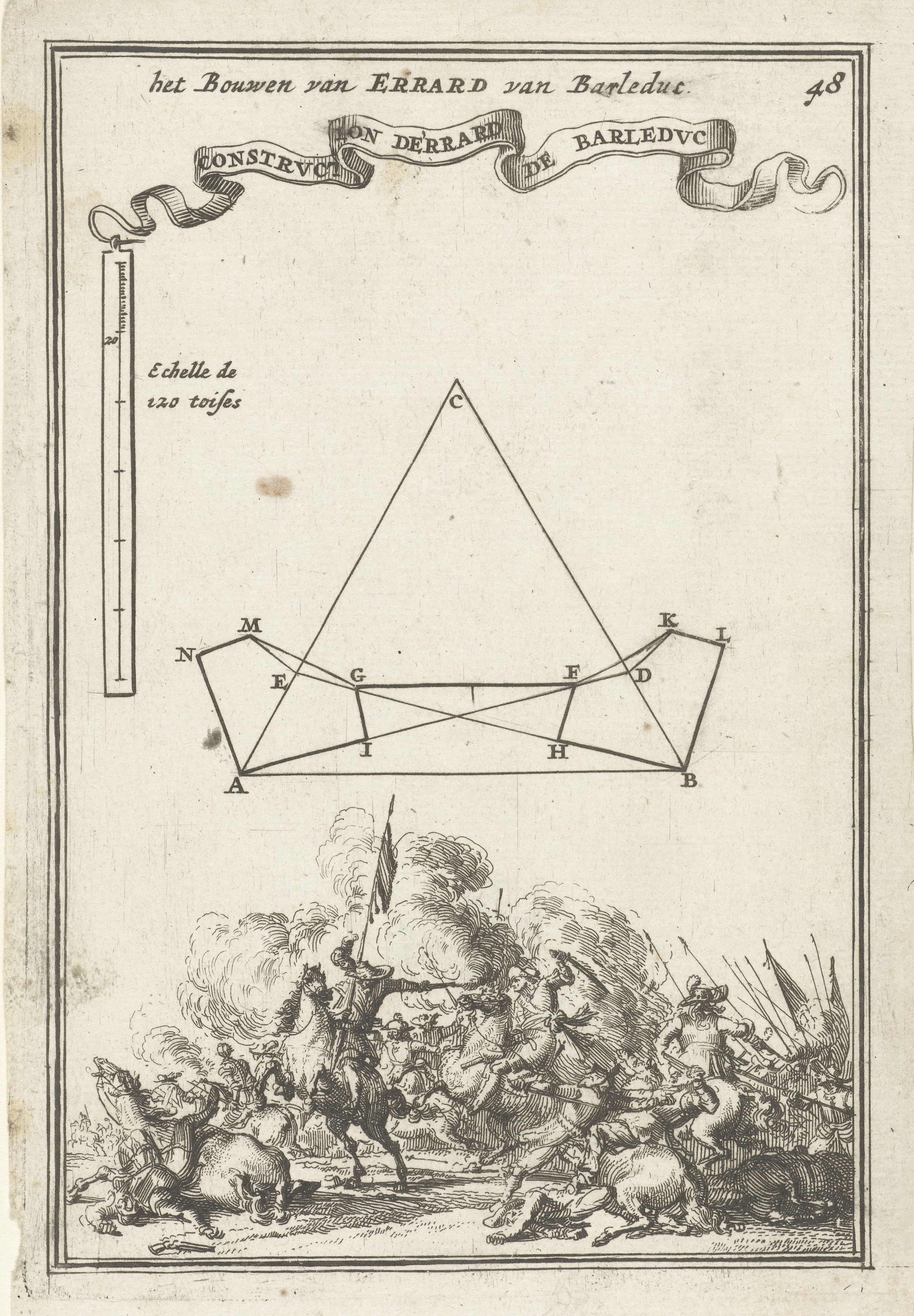 A vintage black and white illustration depicting a geometric diagram above a chaotic battle scene with soldiers and a flag.