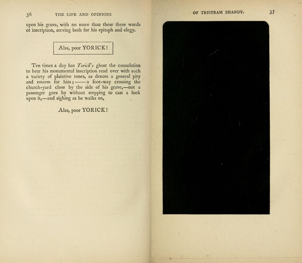 Open book displaying pages 36 and 37 of 'The Life and Opinions of Tristram Shandy', with text about Yorick's grave and epitaph.