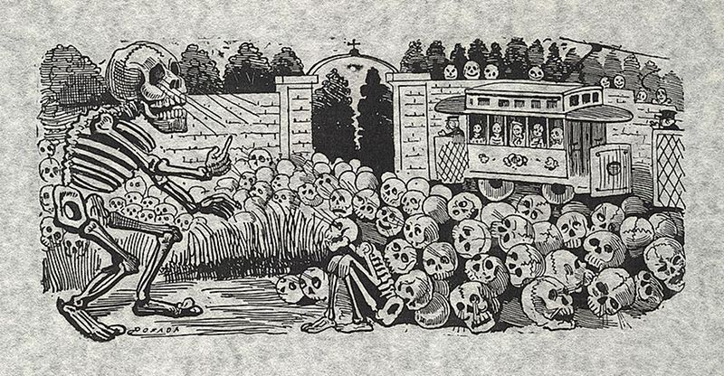 A black and white illustration of the Grim Reaper leading a procession of skulls towards a vintage trolley car in a graveyard.