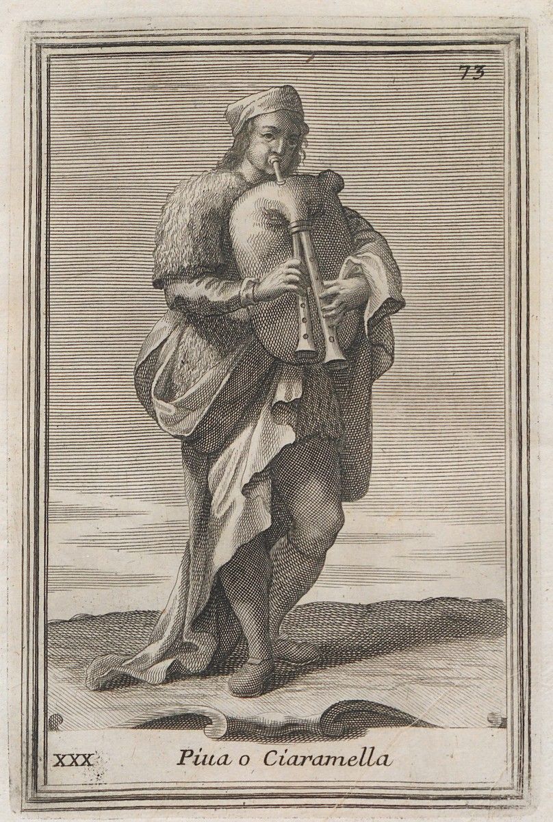 A black and white engraving of a man playing a shawm-like instrument, dressed in historical clothing.