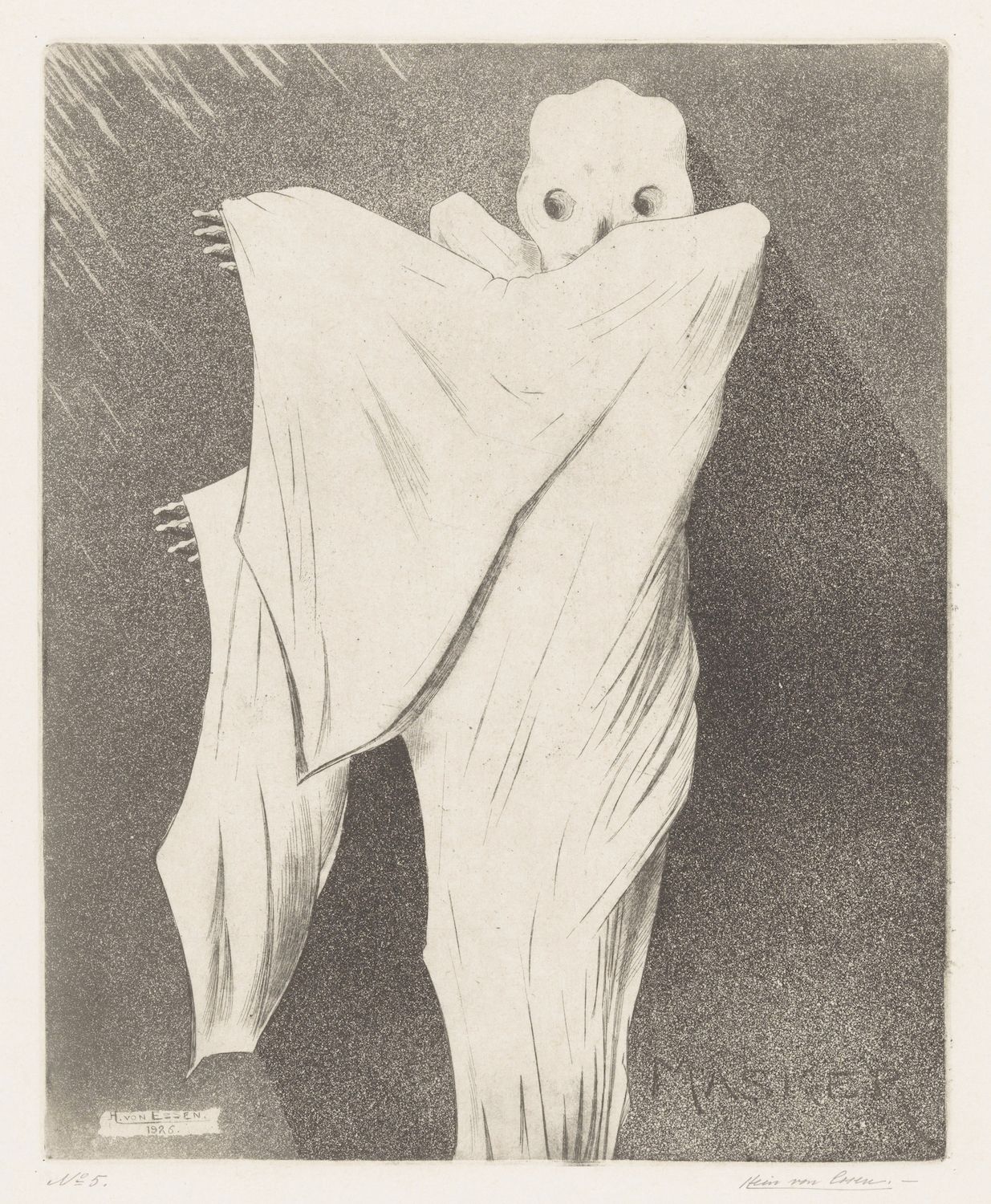 A black and white image of a person wrapped in a large cloth, standing with their arms wrapped around themselves.