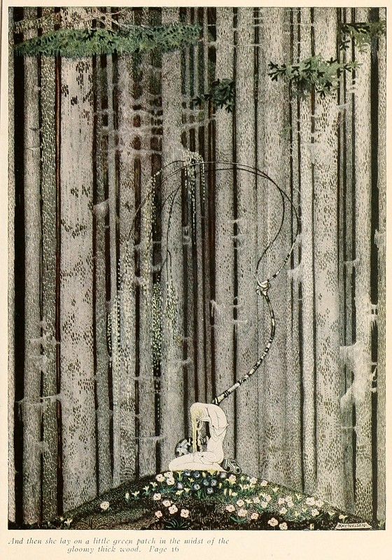 A black and white illustration of a woman lying on a patch of grass and flowers in a dense forest.