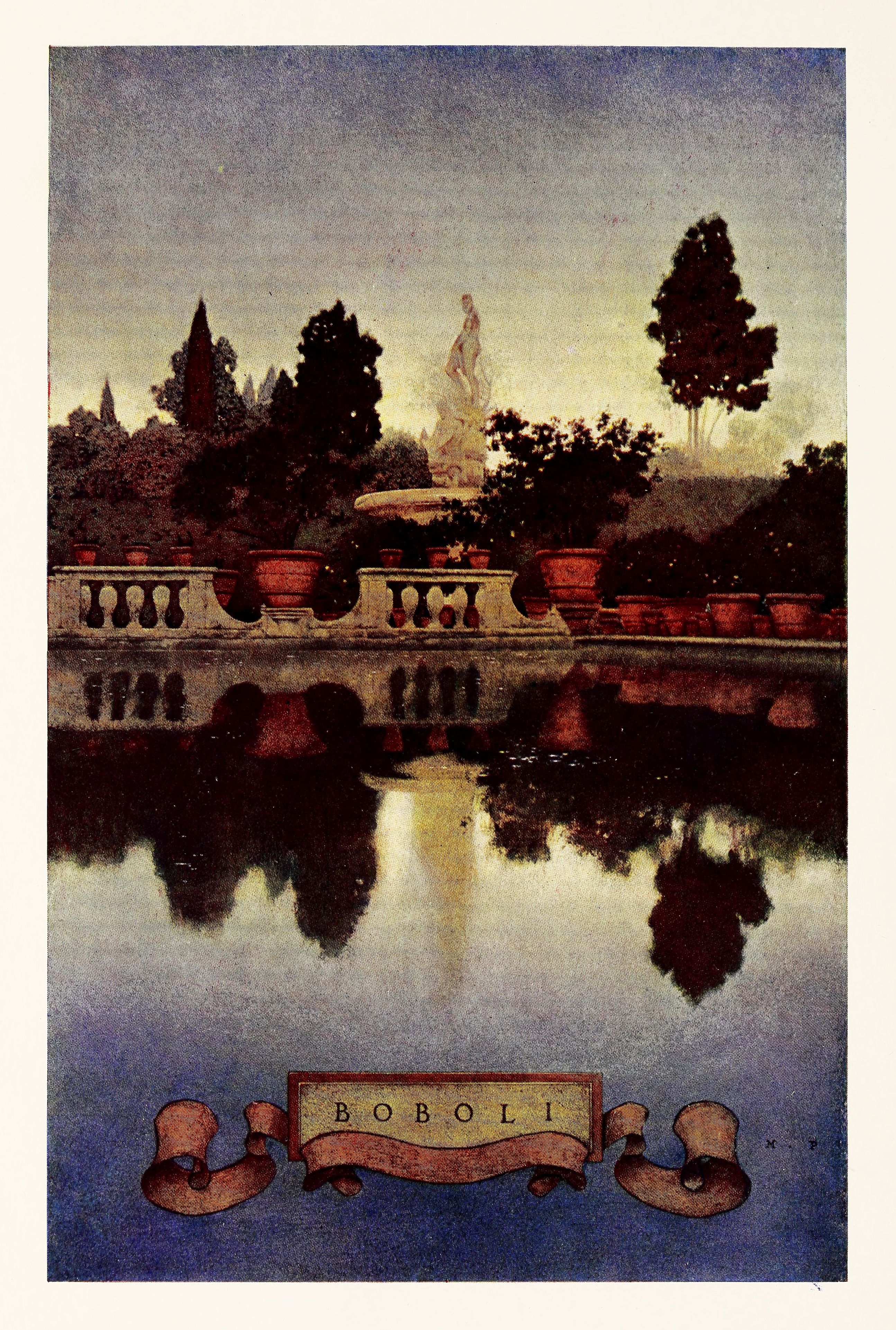 Vintage view of the Boboli Gardens with a pond, balustrade, statue, and the word 'BOBOLI' on a ribbon.