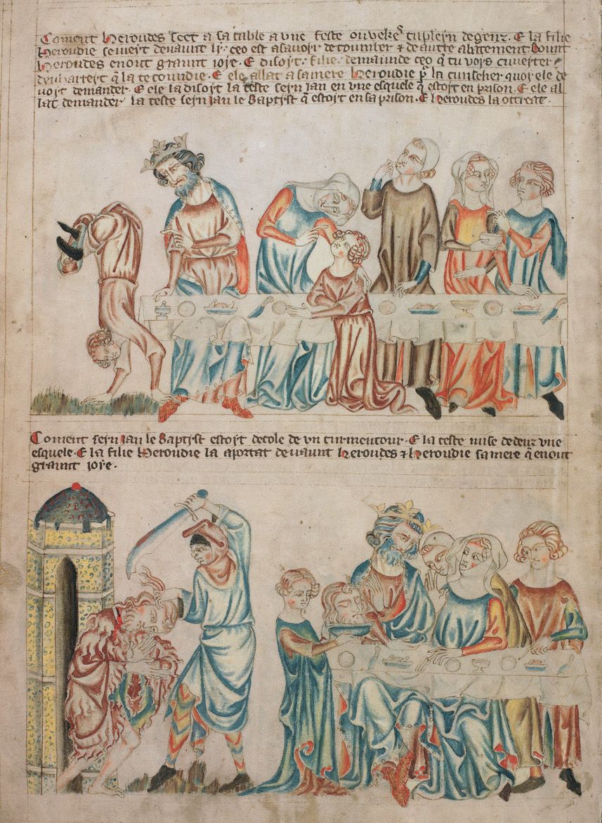 Medieval manuscript illumination depicting a row of haloed figures with birds and a tree above, and a similar row of figures with a building on the left.