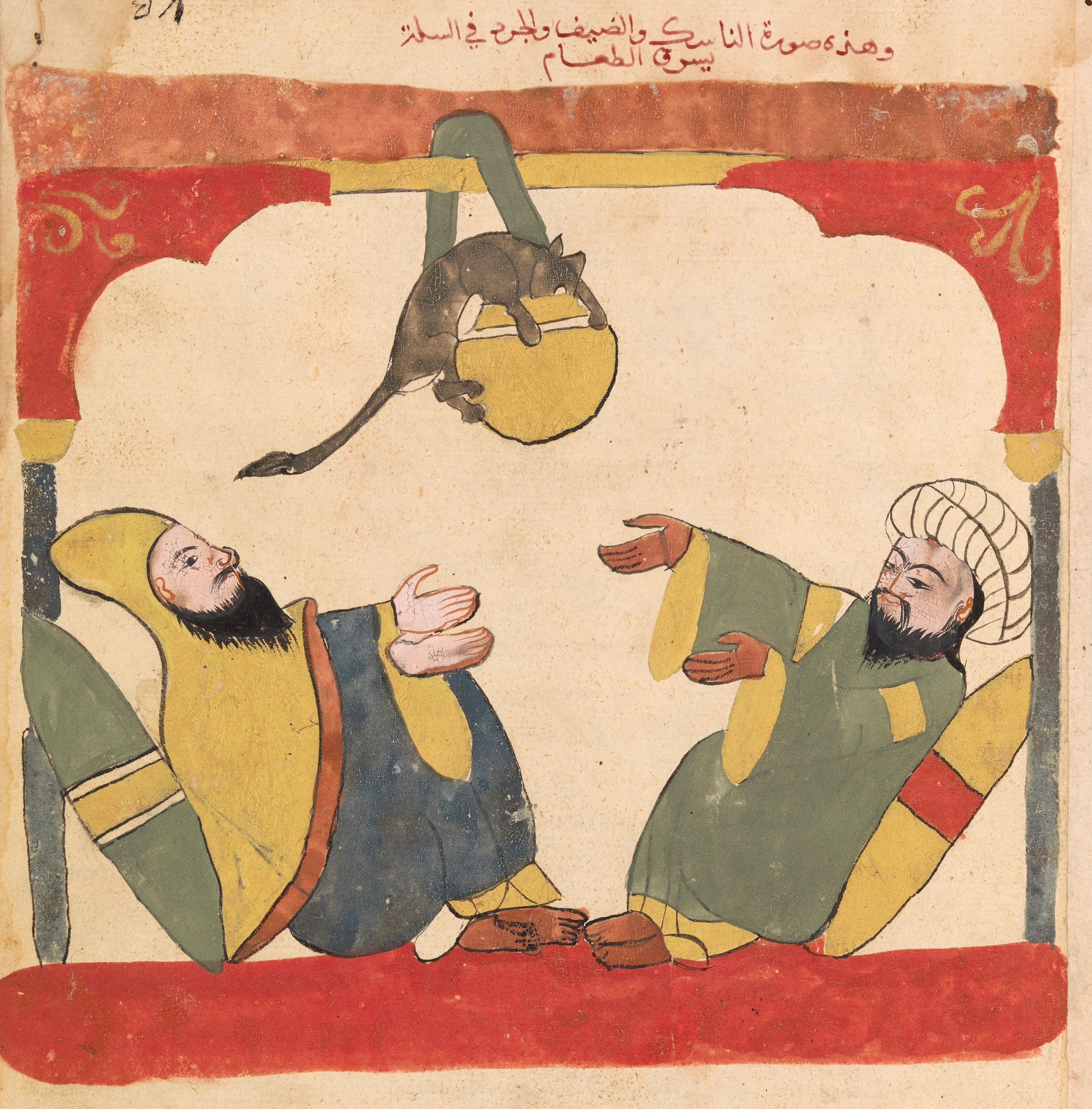 A medieval manuscript illustration depicting two men reclining on cushions with a cat suspended above them.