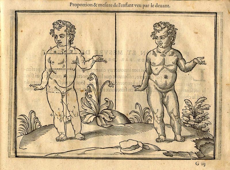 A black and white woodcut illustration of two children, one in profile with dotted lines marking measurements, and the other facing forward, with a small animal and plants between them. French text is above the image and letters below.