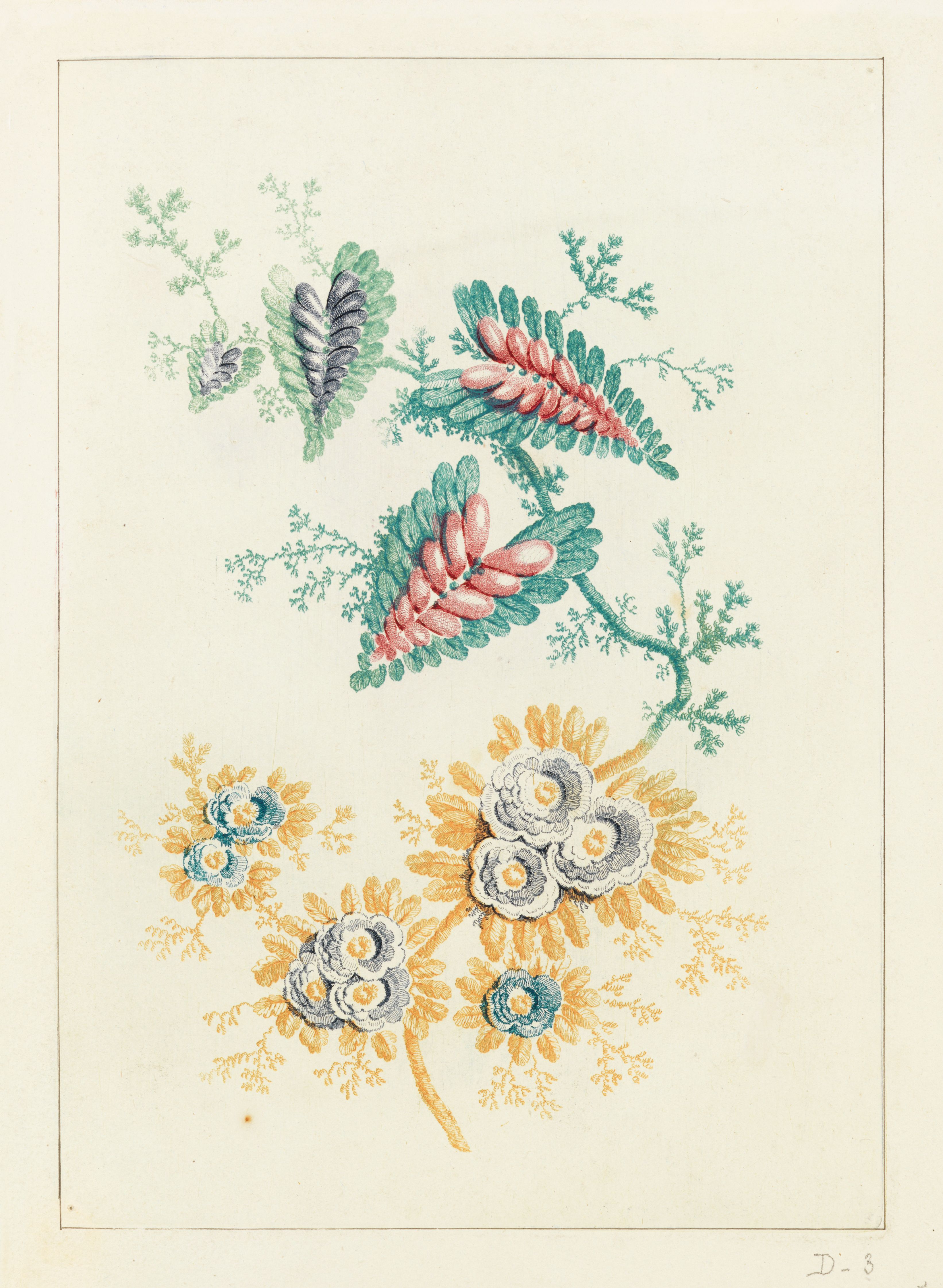 A vintage illustration of a floral embroidery design featuring red and green leaves and blue and yellow flowers.