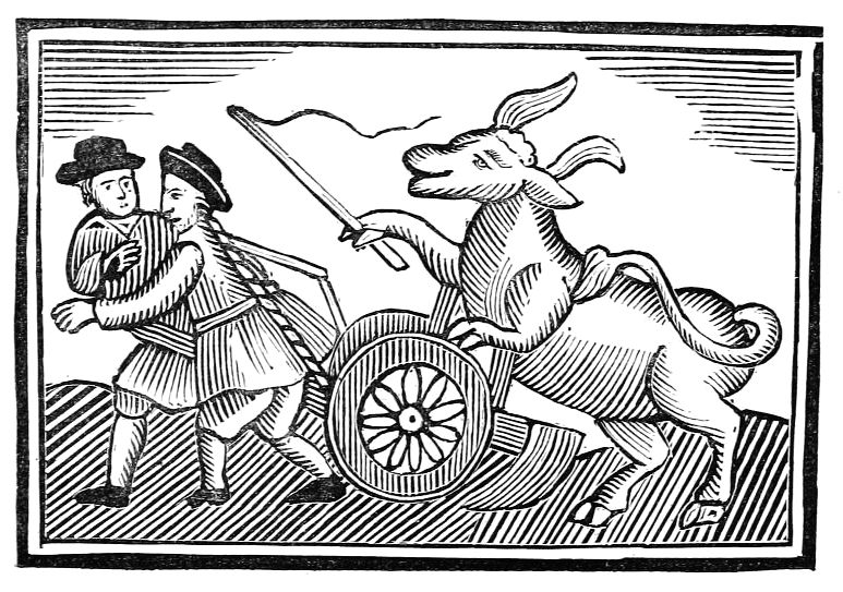 A black and white woodcut illustration of two men and a goat pulling a cart with a sword in it.