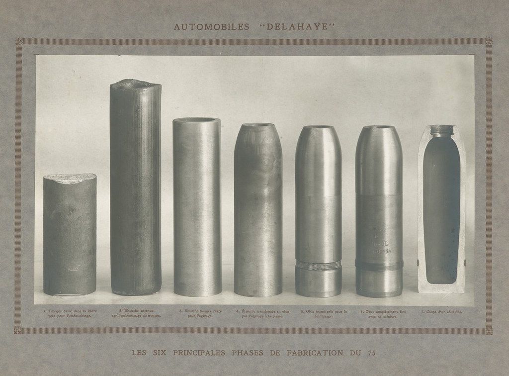 Vintage illustration of Delahaye automobile cylinder fabrication stages, showing six cylindrical shapes progressing from raw material to finished product, labeled with French descriptions.