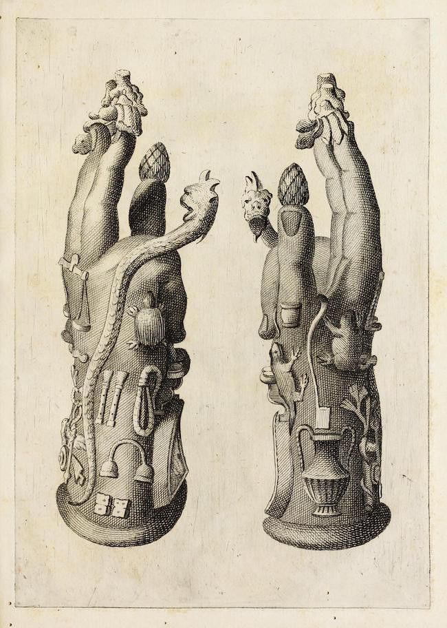 Two views of a statue with a muscular torso and raised arms emerging from an ornate base.