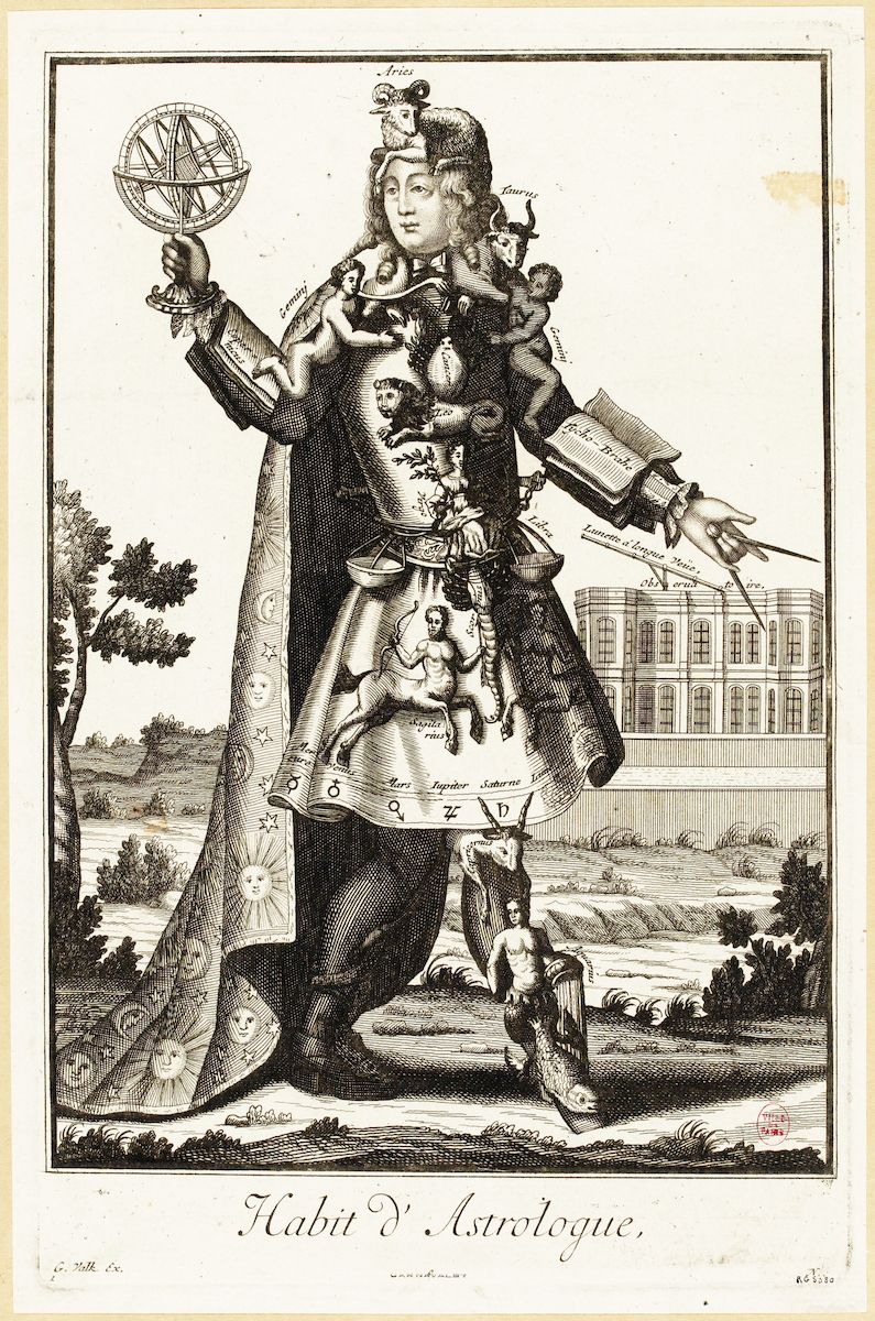 A detailed engraving titled "Habit D'Astrologue" (The Habit of an Astrologer). It depicts a full-length figure of an astrologer, richly adorned with astrological symbols and imagery.