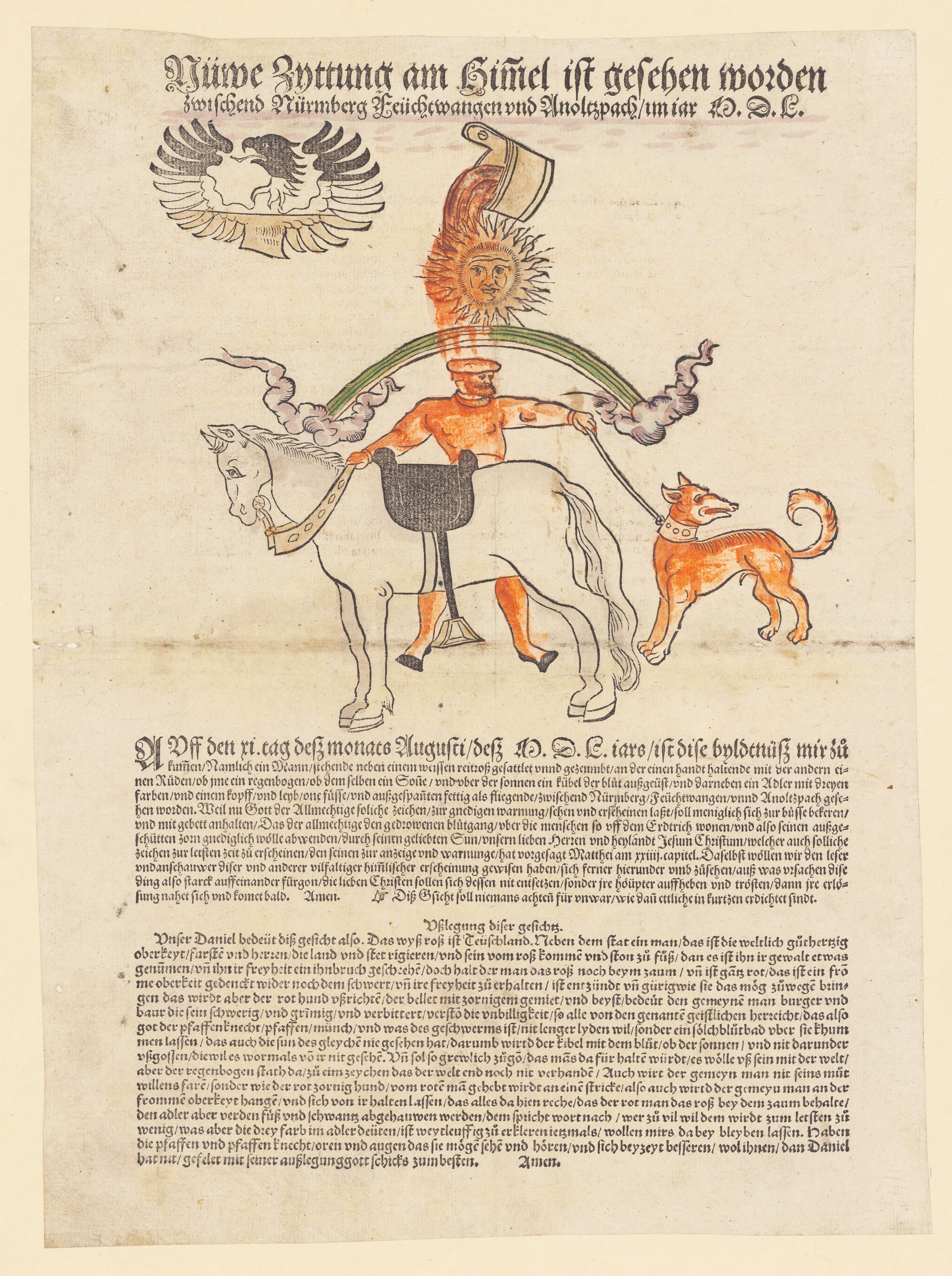 A detailed black and white woodcut image with celestial imagery, heraldic symbols, and dense text in German.