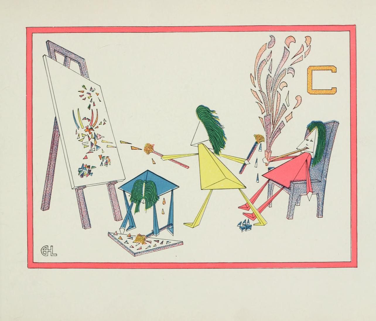 A whimsical illustration with three figures, a tilted canvas, and scattered triangles, framed by a red border.