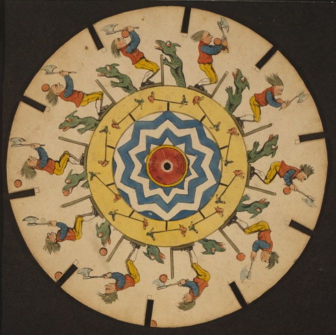 A circular illustration of a man fighting a frog, repeated around a central core with vertical slits, resembling an early animation device.