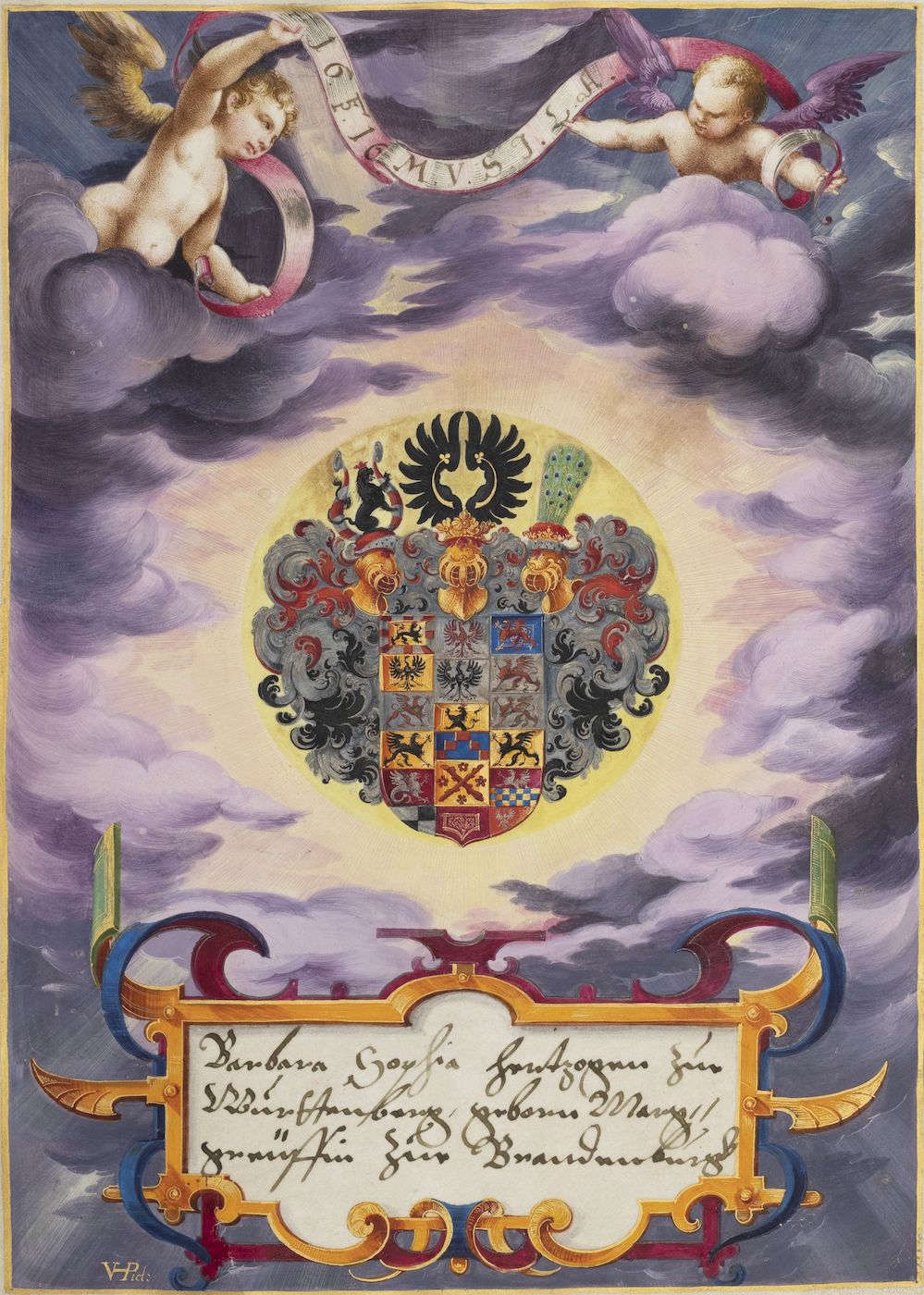 A detailed painting of a coat of arms with angels and a scroll.