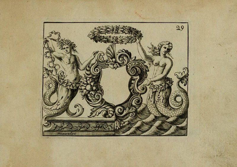 Vintage illustration of two mermaids flanking an ornate shield-shaped space, with waves below and the number '29' in the corner.