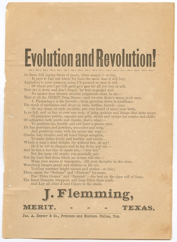 A vintage advertisement poster titled "Evolution and Revolution!" promoting J. Flemming's Merit Drug Store in Texas. The poster is filled with dense text and features a decorative border. The printing company is listed at the bottom.