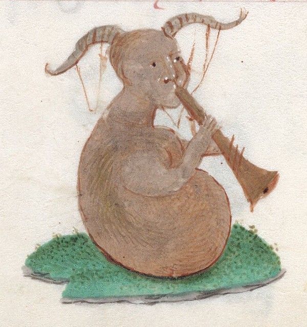 A whimsical illustration of a brown, furry creature with horns playing a wooden flute on a patch of green grass.