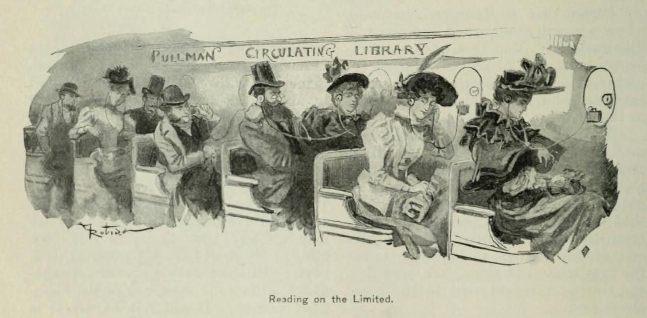 A black and white illustration of the interior of a Pullman train car labeled 'PULLMAN CIRCULATING LIBRARY'. People are seated and reading books.