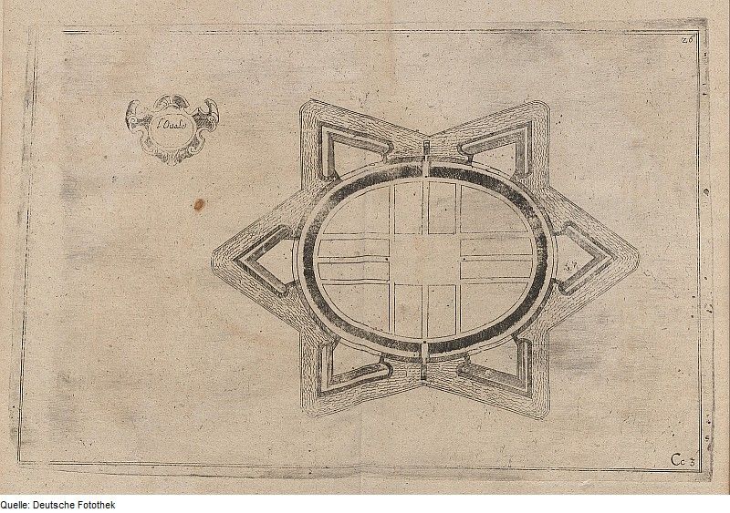 Vintage diagram of a star-shaped fortification with bastions and curtain walls, drawn on aged paper with ink lines.