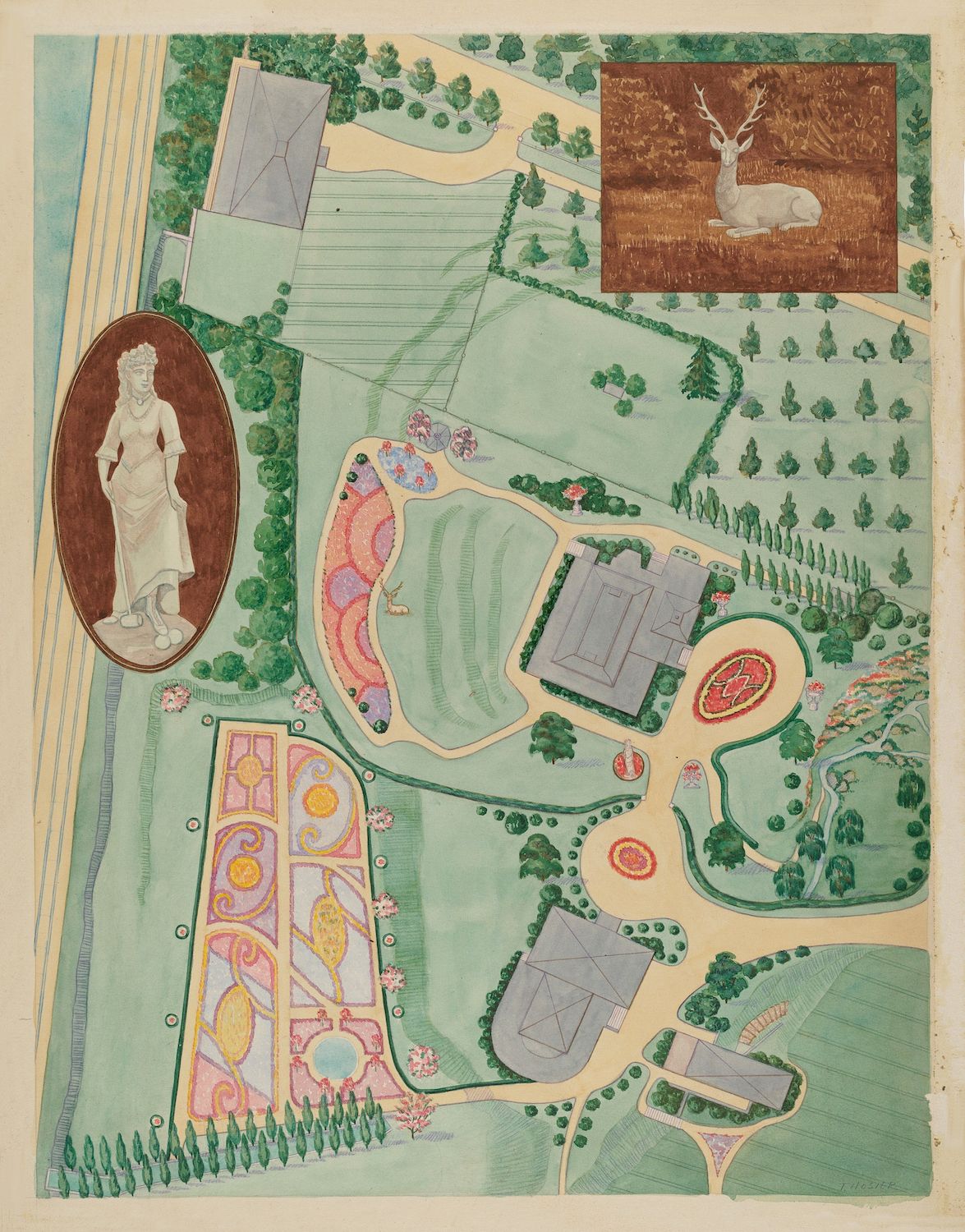 Overhead view of a garden landscape with a building, trees, and decorative elements.