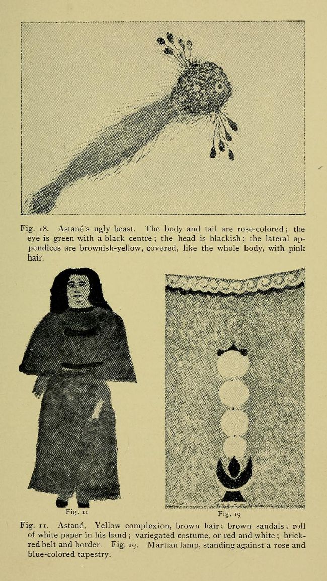 Vintage illustration of a fantastical beast, a person holding paper, and a Martian lamp.