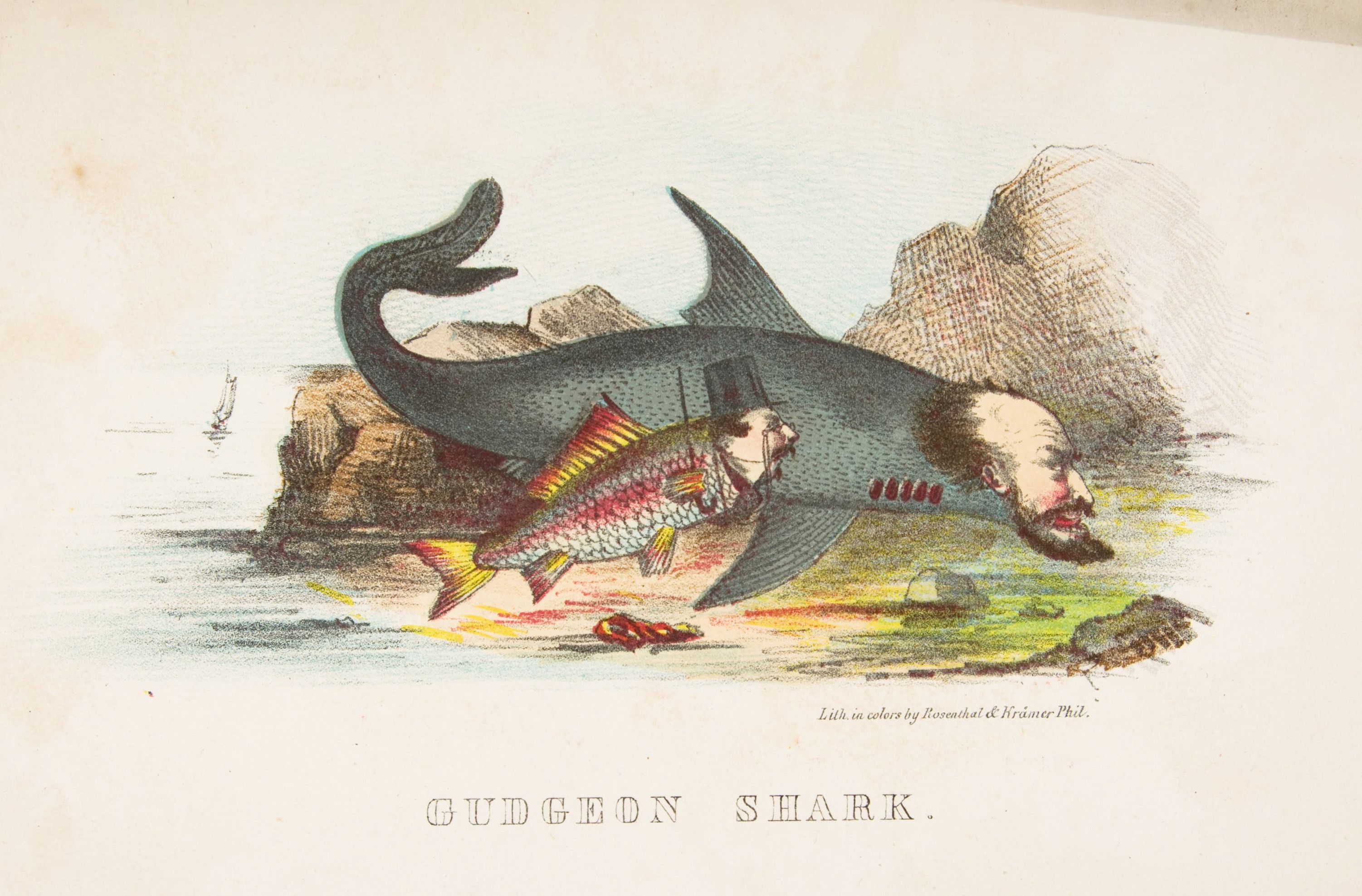 Vintage illustration of a "Gudgeon Shark", a fantastical creature with the body of a shark and the head of a man wearing a top hat.