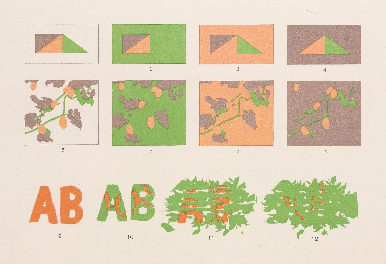 A grid of twelve squares, each containing a different visual element, ranging from geometric shapes to plants and letters.