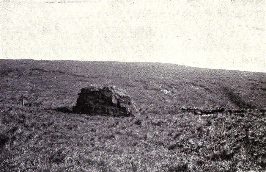 A black and white photograph of stone ruins on a grassy hill.