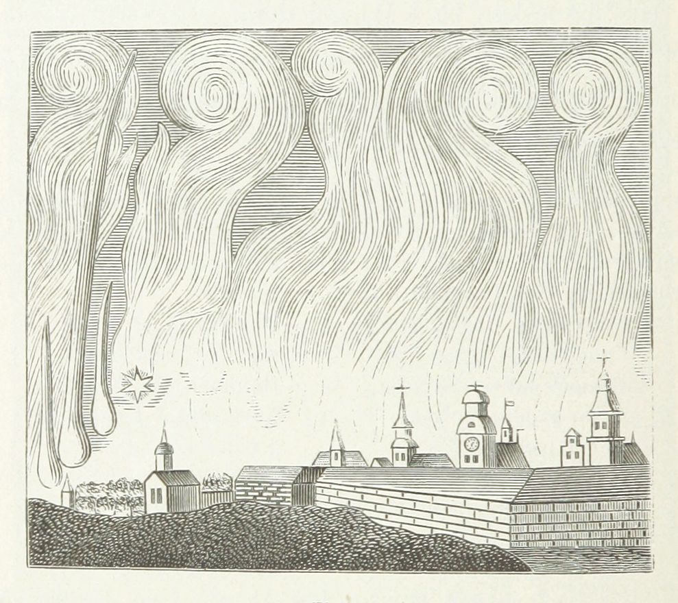 A black and white engraving of a town with a dramatic sky.