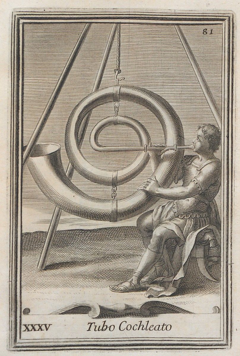A black and white engraving of a man operating a large, coiled tube suspended within a wooden frame.