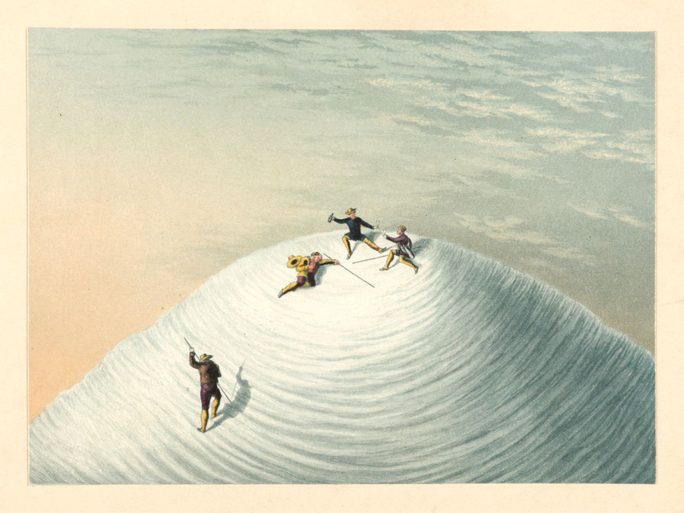 Vintage illustration of four skiers on a snow-covered mountain, rendered in a soft, muted color palette.