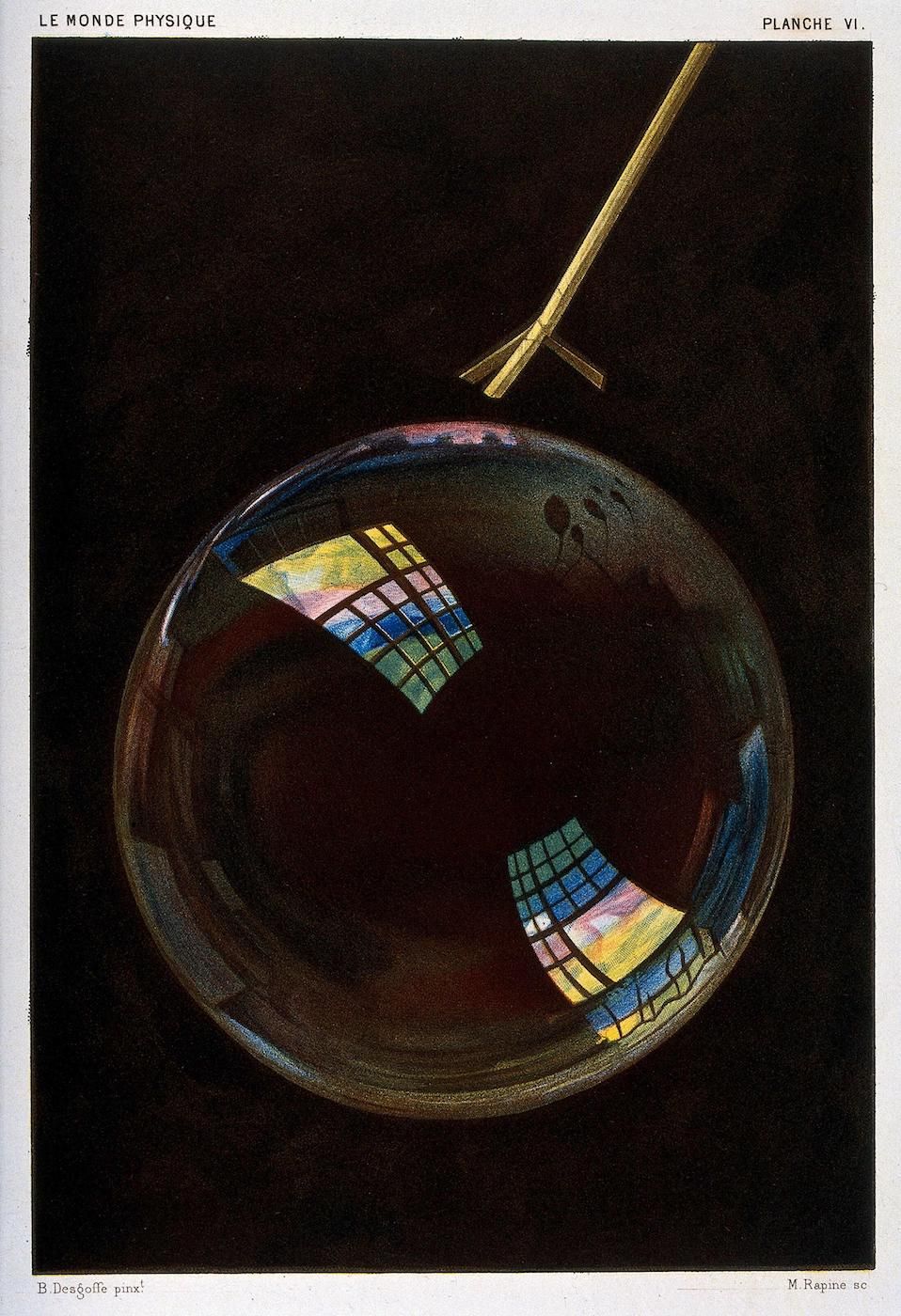 Vintage illustration of a soap bubble reflecting a stained glass window.