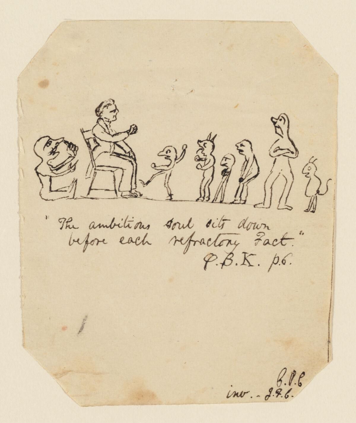 A vintage black and white drawing on aged paper depicting a man seated on a chair facing a line of cartoonish figures, with handwritten text below and a signature in the bottom right corner.
