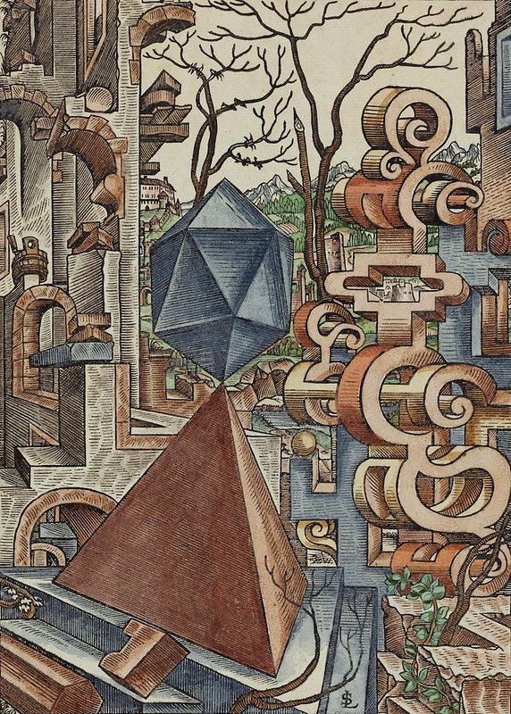 A detailed drawing of a pyramid and dodecahedron in a surreal architectural landscape.