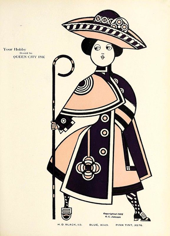A vintage illustration of a stylized figure in a long coat and hat, holding a cane.