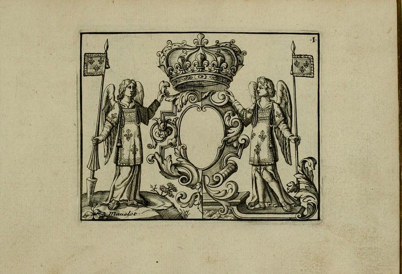 A black and white engraving of two angels flanking a shield topped with a crown, with flags and ornate scrollwork.