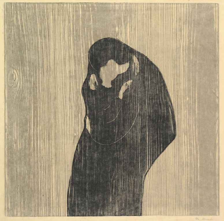 A vintage-style print or etching depicting a figure draped in dark fabric, with their head bowed and obscured by the drapery. The figure is seen from the side, and the background is a pale, textured surface with vertical lines.