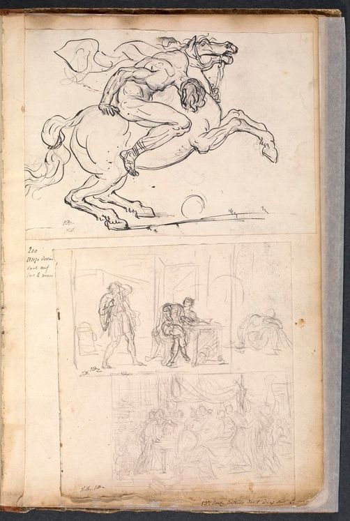 A page from a sketchbook filled with ink drawings of a man wrestling with a horse and smaller studies of figures.