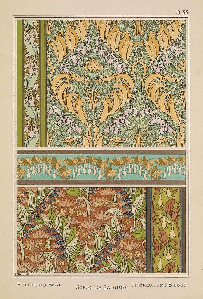 A plate from a book showcasing three variations of the "Solomon's Seal" pattern, a decorative design in the Art Nouveau style. The patterns feature stylized leaves, vines, and floral motifs in shades of ochre, terracotta, olive green, and cream.