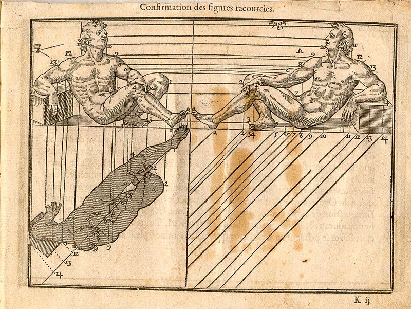 Vintage anatomical illustration with three male figures and diagonal lines connecting them.