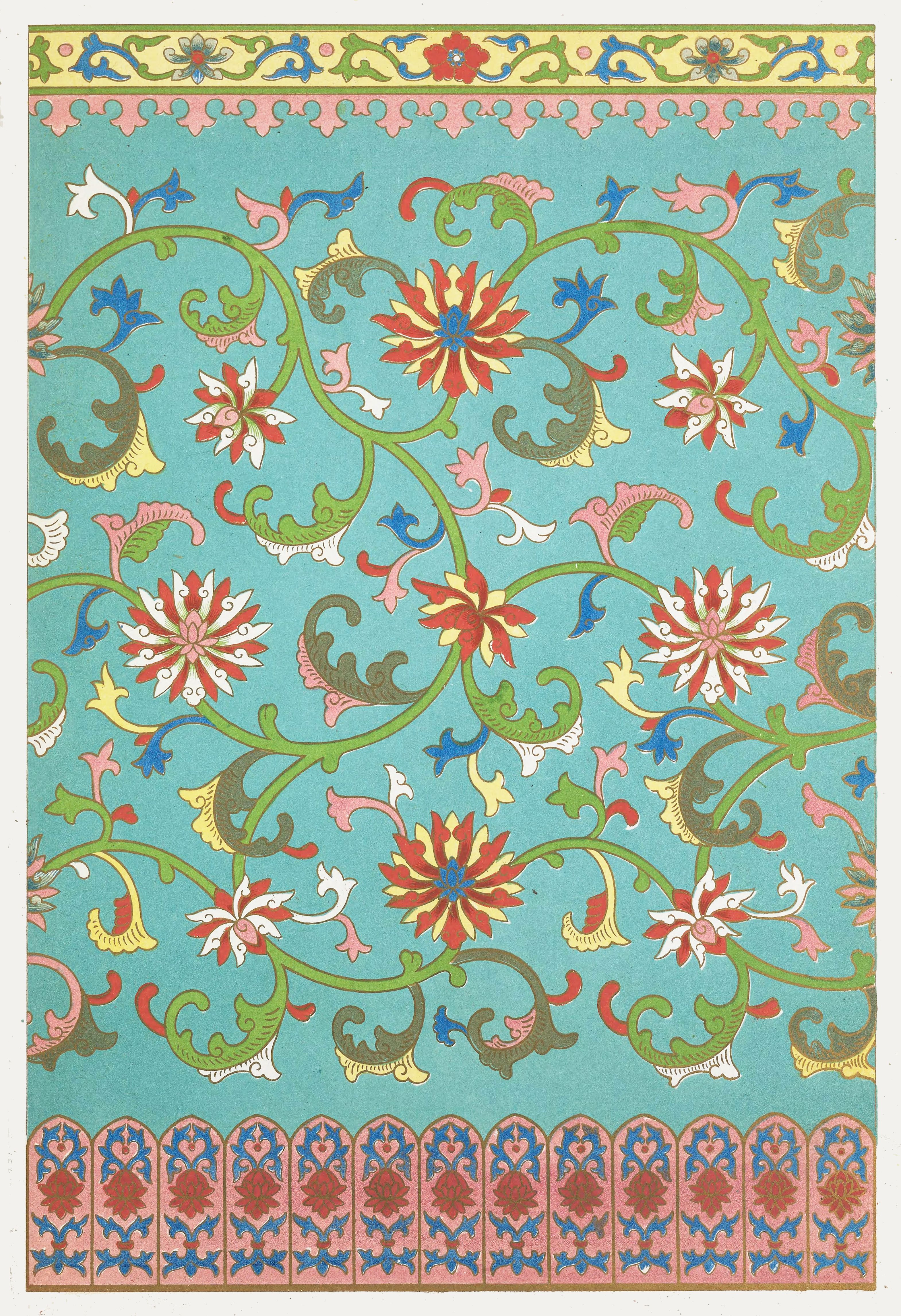 A vibrant textile design with a turquoise background and a repeating floral pattern in red, white, pink, and blue. The design is framed by a decorative border with floral and geometric motifs.