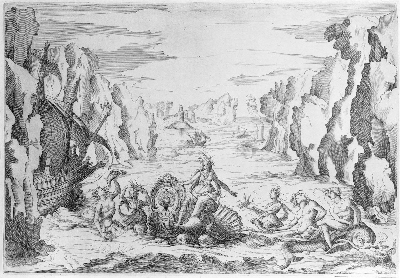 A black and white engraving depicting a shipwreck scene with mythological figures and a dramatic seascape.