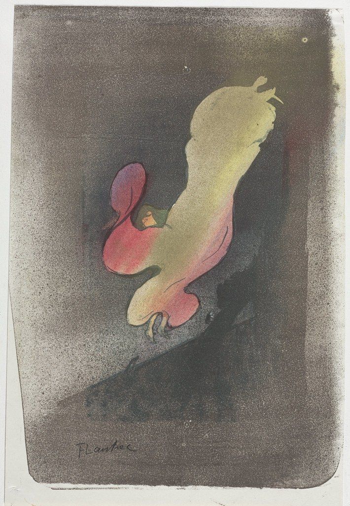 A vintage-style illustration of an abstract, elongated figure in yellow and red against a dark, textured gray background.